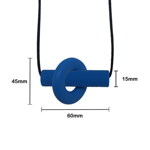 Blue Axle autism chew necklace on black cord with measurements