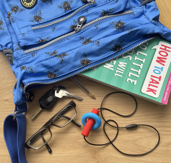 Image shows a black square shaped chewable pendant on black cord next to a blue handbag with a book protruding from it with keys and a pen strewn on a wooden surface