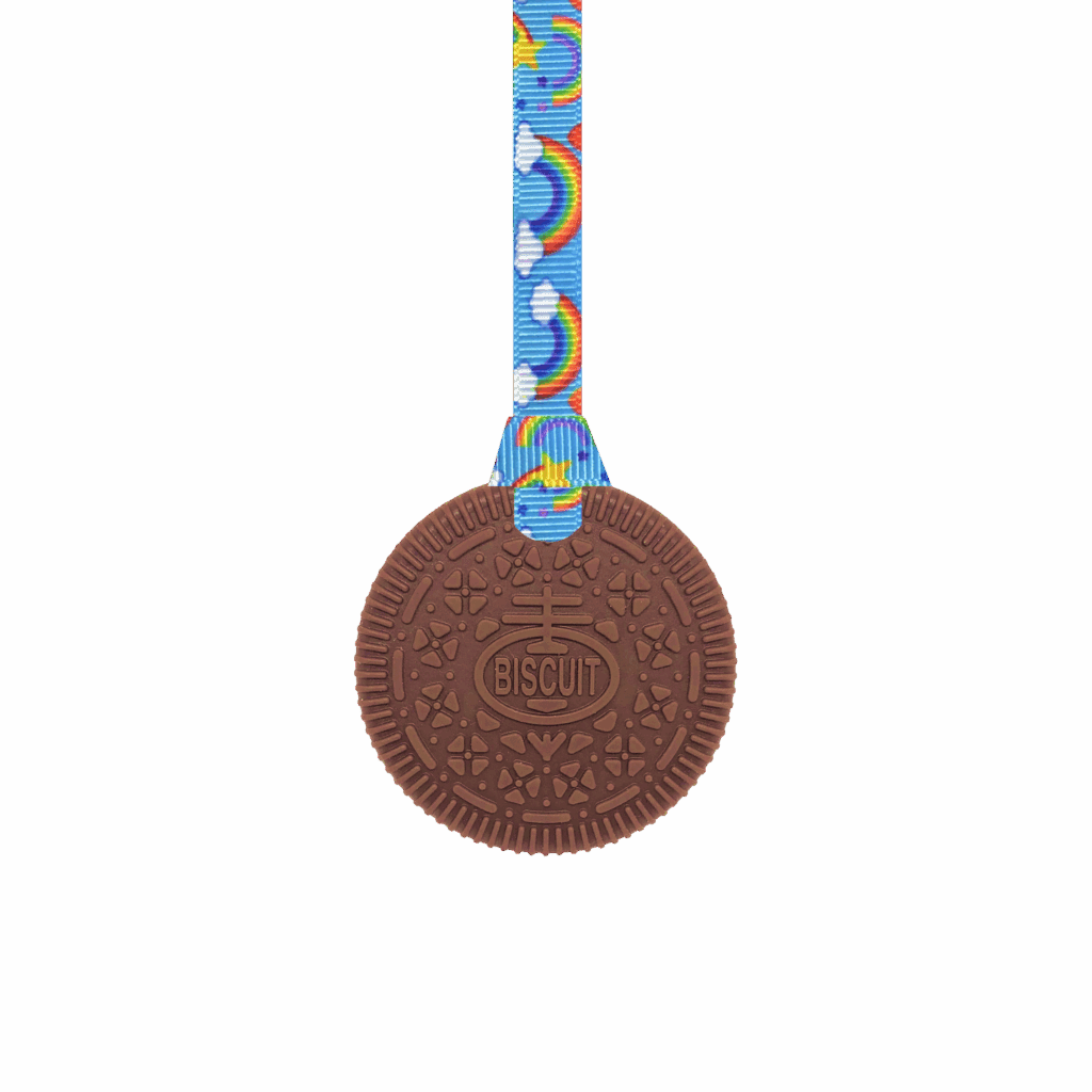 Biscuit Chew Necklace brown on handmade rainbows lanyard