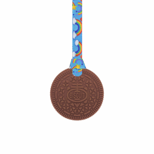 Brown Biscuit kids Chew Necklace on handmade rainbows lanyard