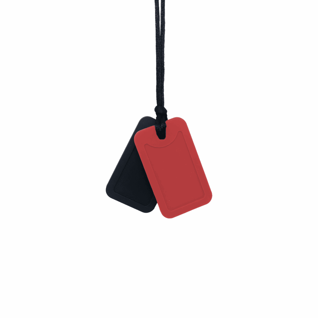 Black and red dog tag sensory chew necklace pair on black cord