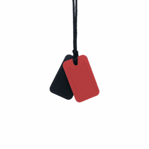 Black and red dog tag sensory chew necklace pair on black cord