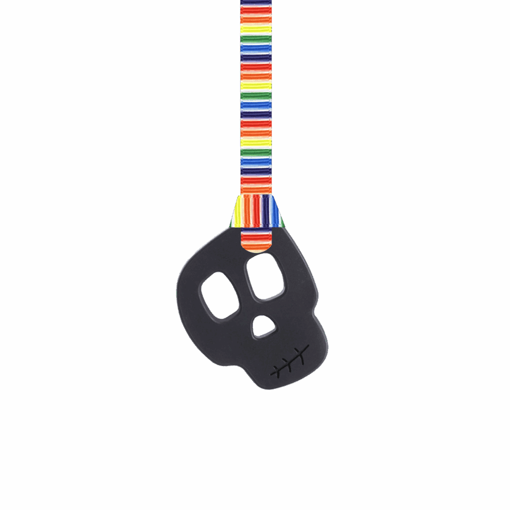 Black skull chew necklace on retro stripes leaves lanyard