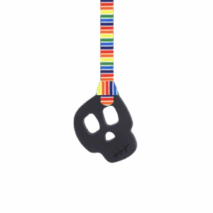 Black skull chew necklace on retro stripes leaves lanyard
