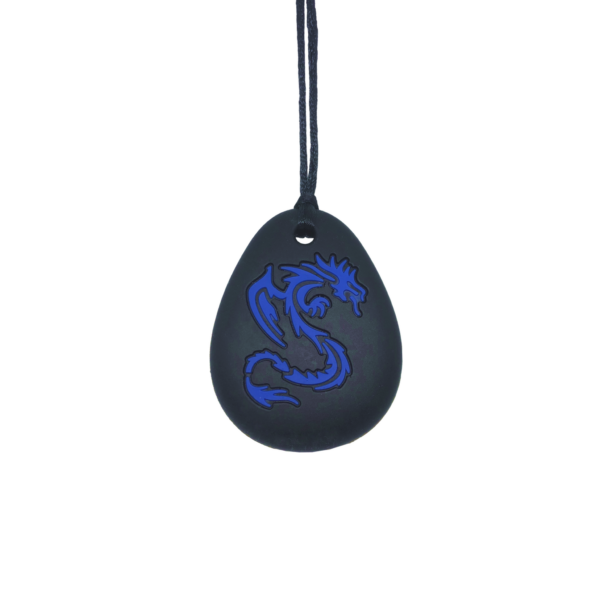 Black dragon kids chew necklace with blue dragon on plain black cord
