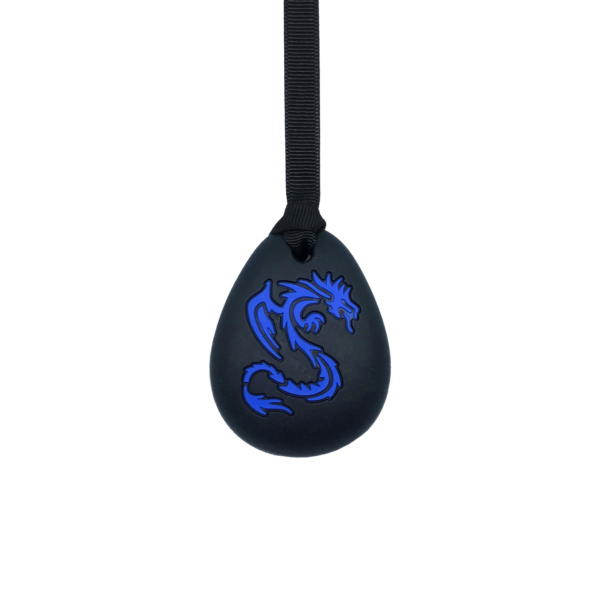 Blue dragon sensory chew necklace on plain black lanyard