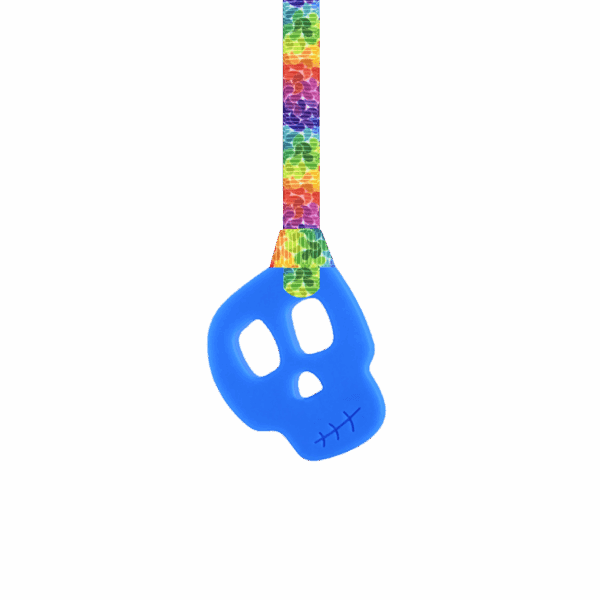 Blue skull chew necklace on rainbow leaves lanyard
