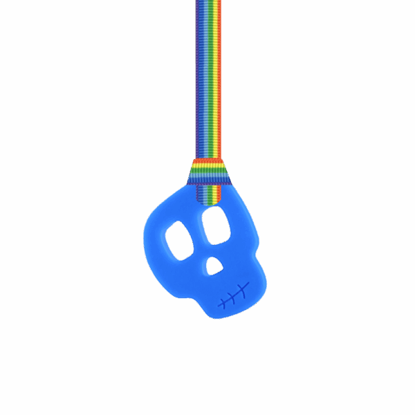 Blue skull chew necklace on rainbow pride lanyard