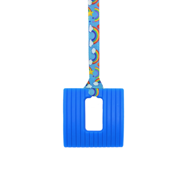 Blue square chew necklace with rainbows lanyard