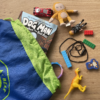 Blue brick chew necklace with kids bag and toys