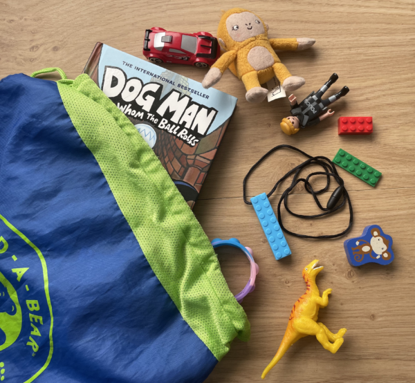 Blue brick chew necklace with kids bag and toys