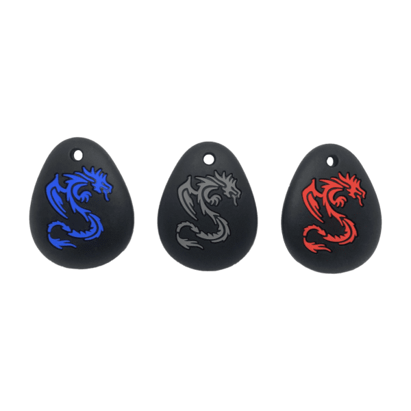 dragon sensory chews with red, blue and grey dragons on black, ideal autism aids