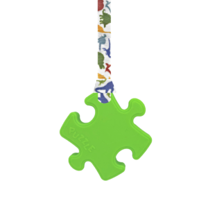 Green Puzzle chew necklace with dinosaurs lanyard
