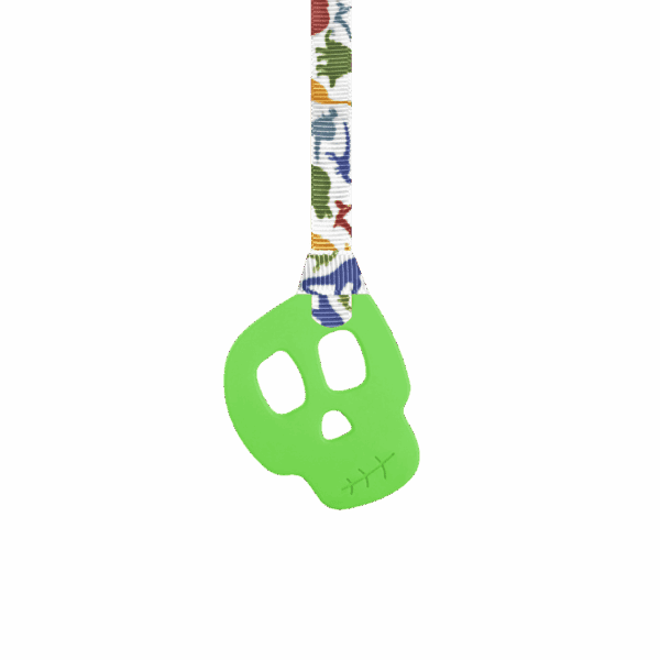 Green skull chew necklace on dinosaurs lanyard
