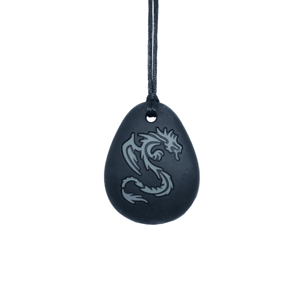 Black dragon chew necklace with grey dragon on plain black cord, ideal for those with ADHD