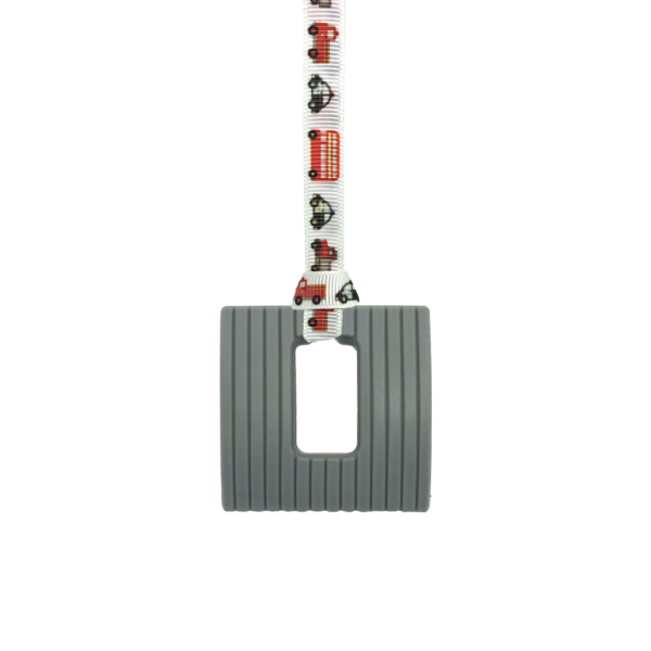 Grey square chew necklace with vehicles lanyard