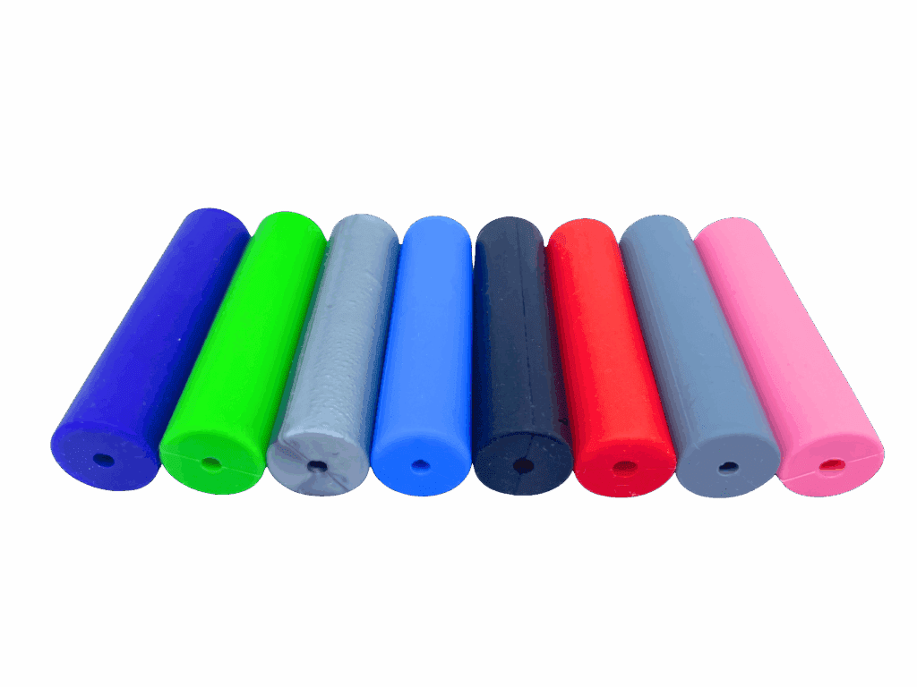 Different colour Hoodie Chew beads in a line