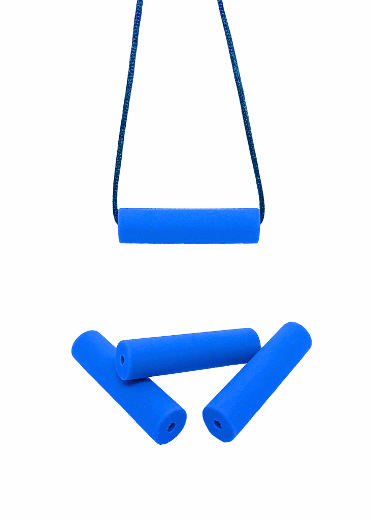 Sensory chew necklace with 4 blue chewy beads