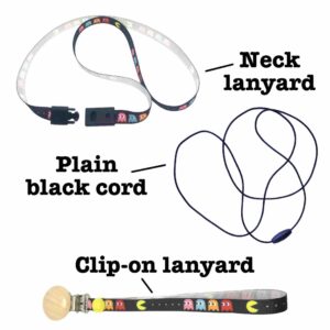 Spare lanyard options, neck lanyard, neck lanyard with lobster clasp and clip-on lanyard with labels