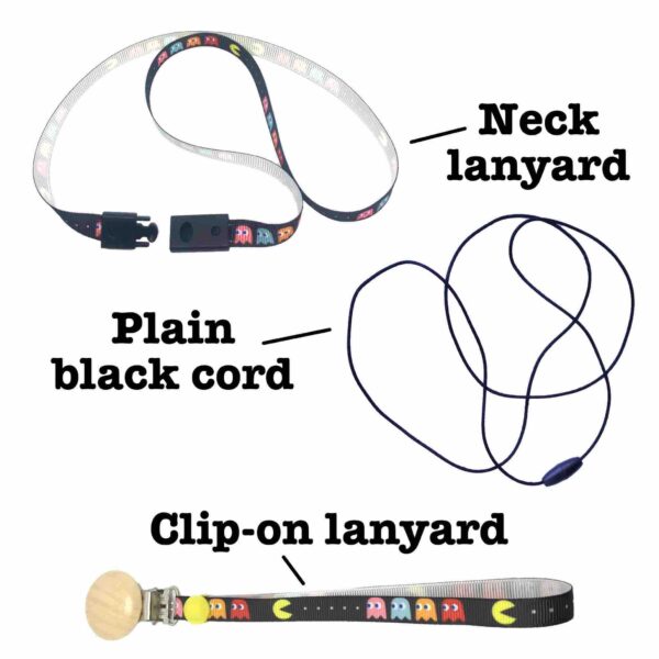 Spare lanyard options, neck lanyard, neck lanyard with lobster clasp and clip-on lanyard with labels