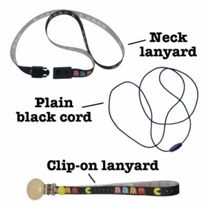 Spare lanyard options, neck lanyard, neck lanyard with lobster clasp and clip-on lanyard with labels