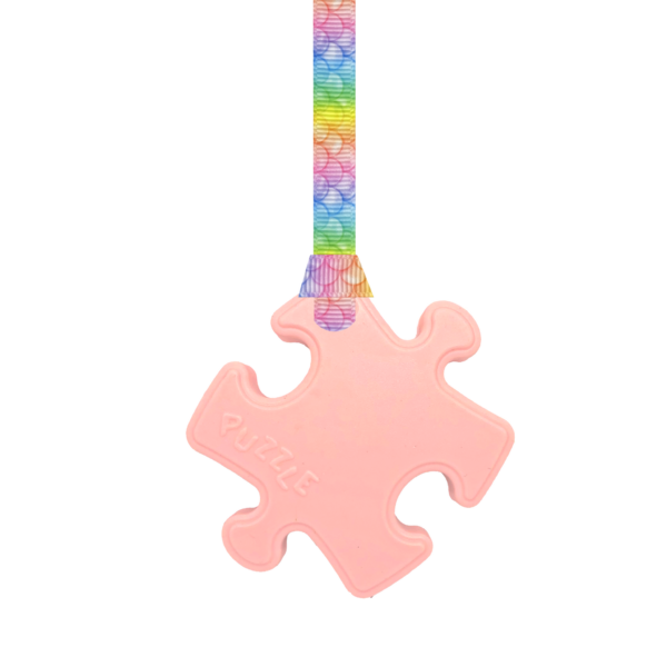 Light pink Puzzle autism chew necklace with mermaid scales lanyard