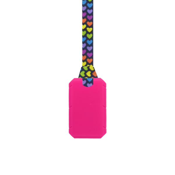 Magenta Taggles sensory chew taggles necklace with rainbow hearts lanyard