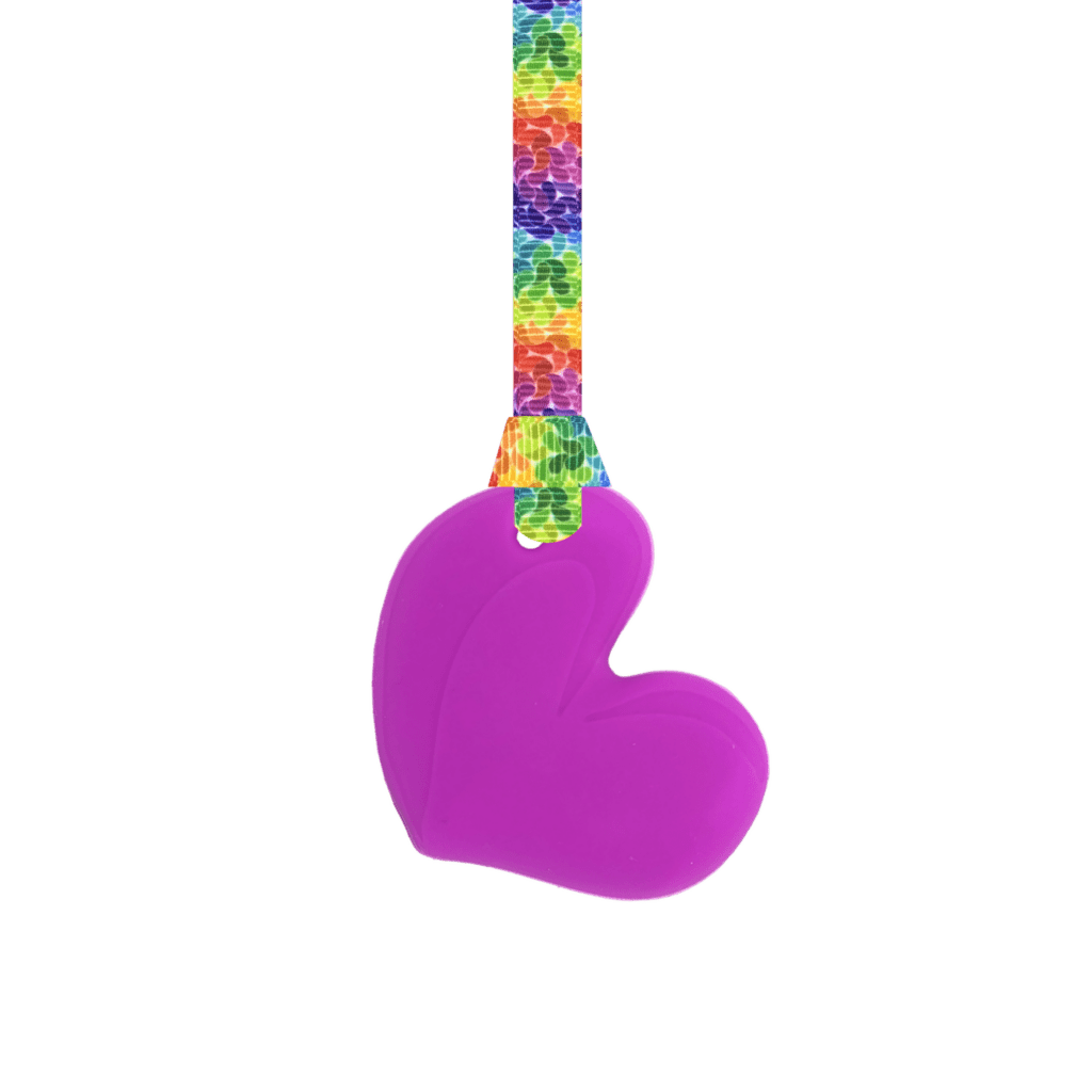 Magenta chewy heart necklace with rainbow leaves lanyard