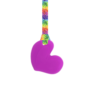Magenta chewy heart necklace with rainbow leaves lanyard