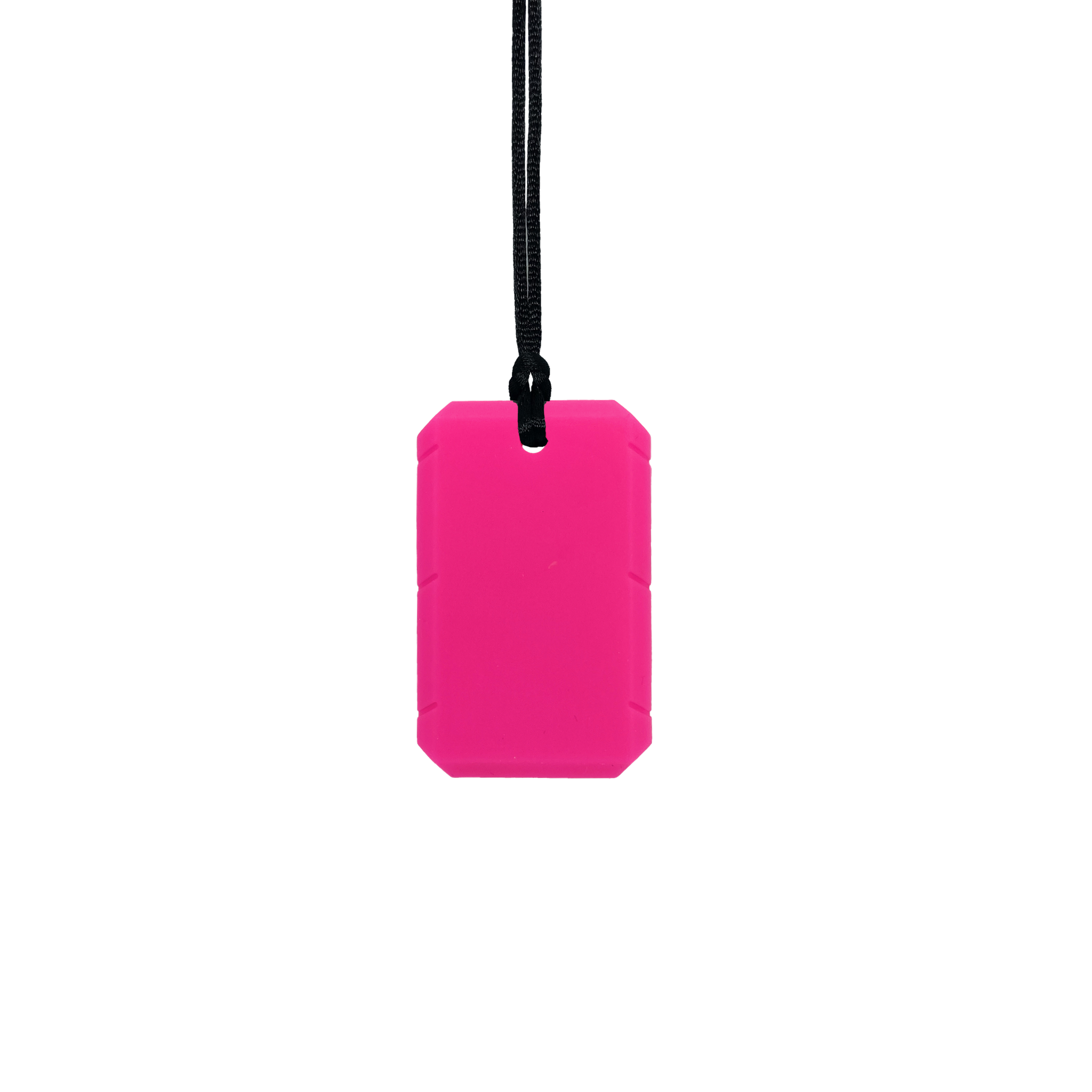 Magenta taggles chew necklace with black cord