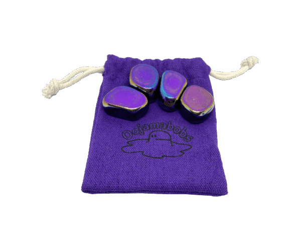 magnabobs fiddle toys, set of 4  magnetic rainbow stones on a purple bag