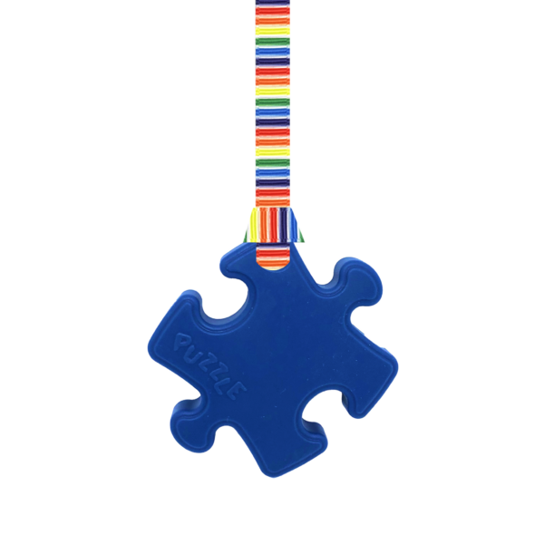 Navy Puzzle chew necklace with stripy lanyard, ideal autism aids