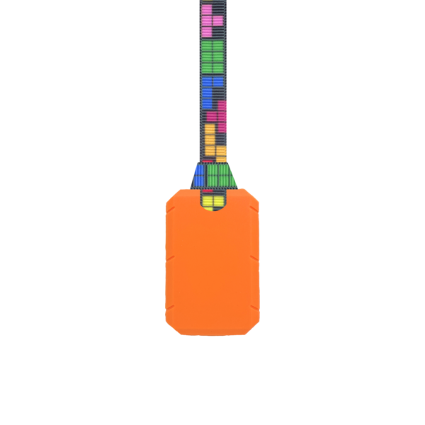 Orange Taggles sensory chew taggles necklace with tetris game lanyard