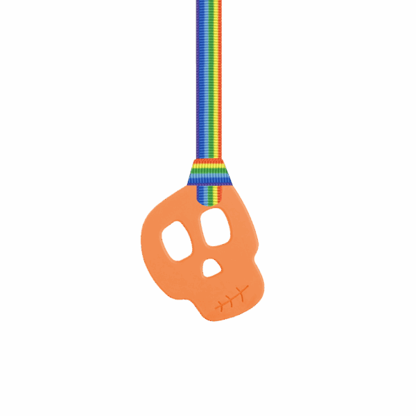 Orange skull chew necklace on rainbow pride leaves lanyard