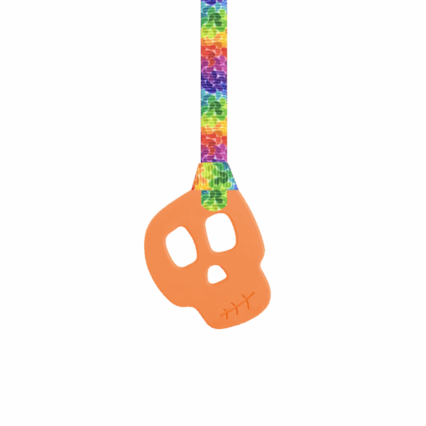 Orange skull chew necklace on rainbow leaves lanyard