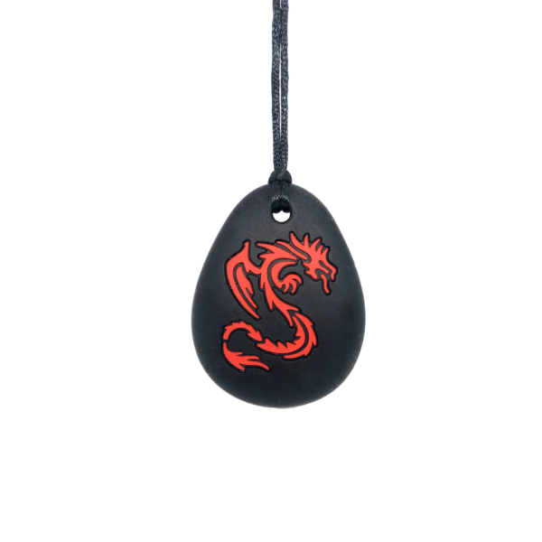Black dragon chew necklace with red dragon on plain black cord