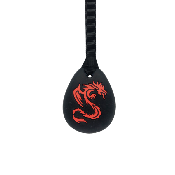 Red dragon autism chew necklace on plain black lanyard