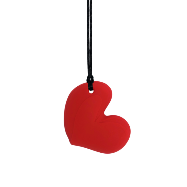 Red chewy heart necklace with black cord