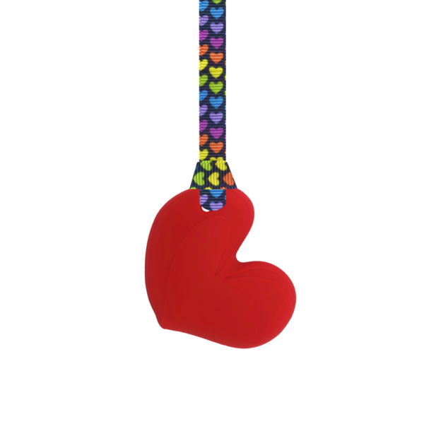 Red chewy heart necklace with rainbow hearts lanyard