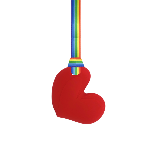 Red chewy heart necklace with rainbow pride lanyard