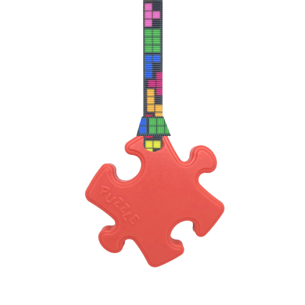 Red Puzzle autism chew necklace with tetris lanyard