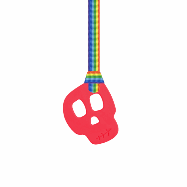 Red skull chew necklace on rainbow pride lanyard