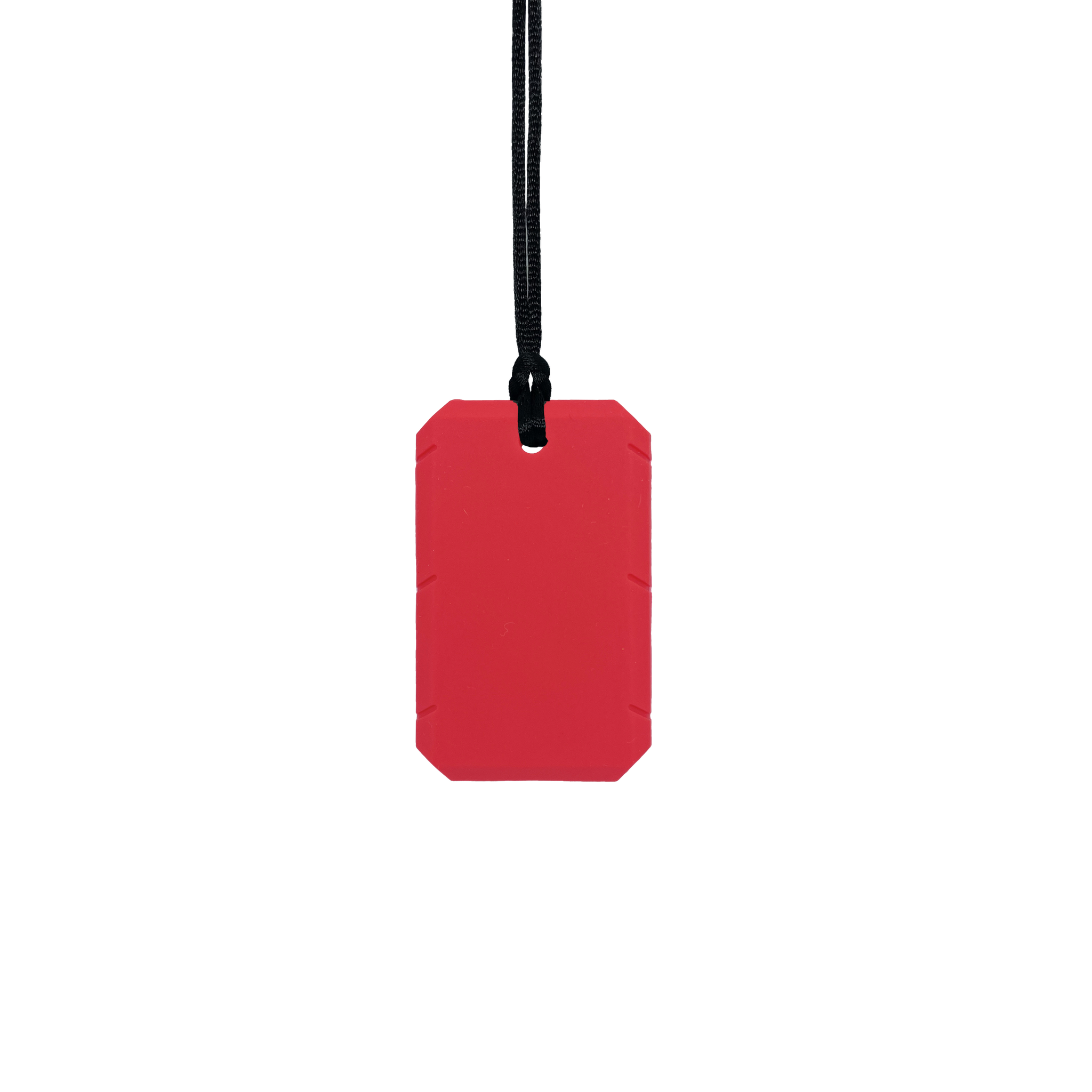 Red taggles chew necklace with black cord