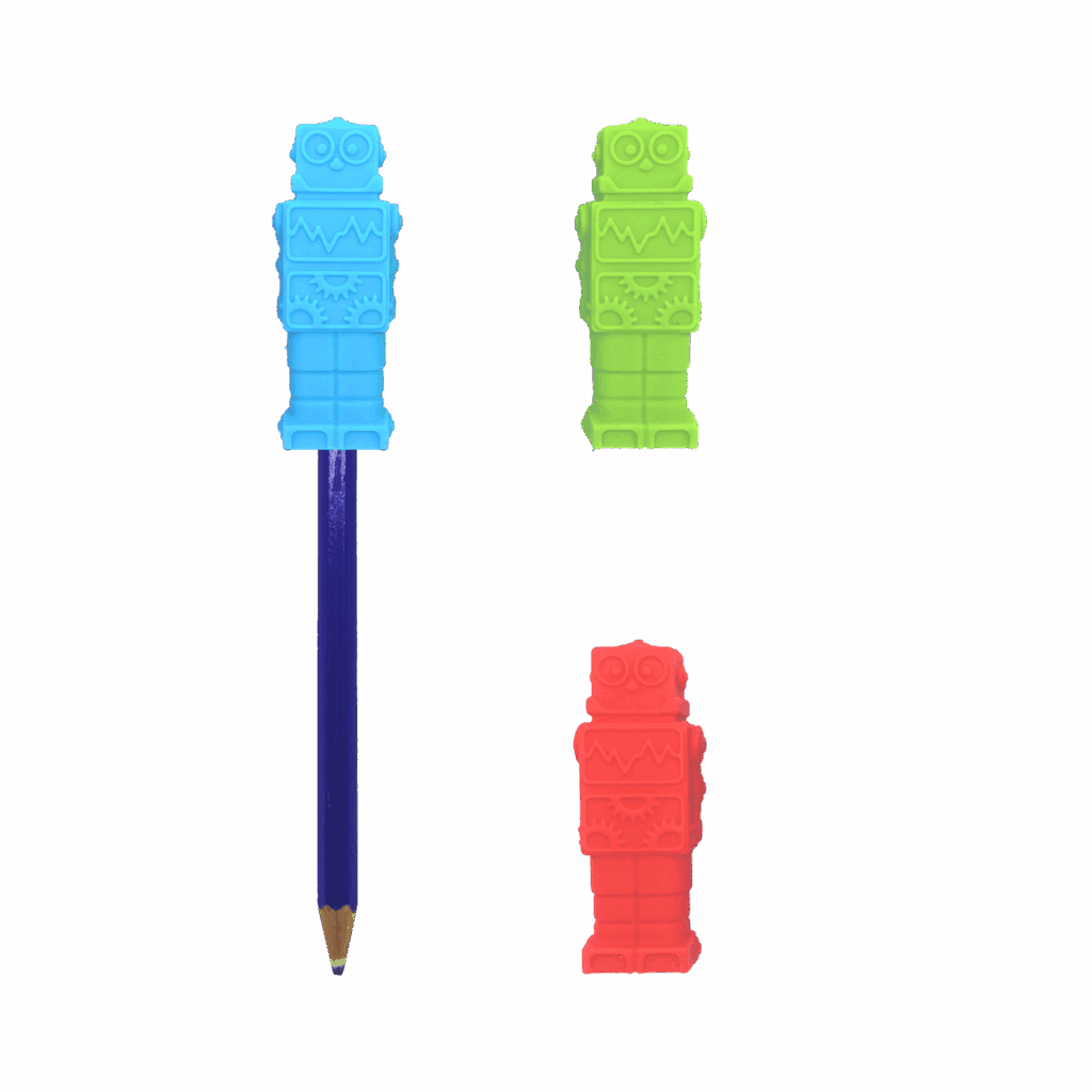 Robot pencil topper chews shown with a pencil