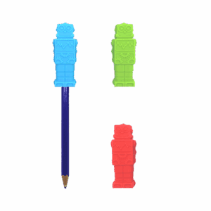 Robot pencil topper chews shown with a pencil