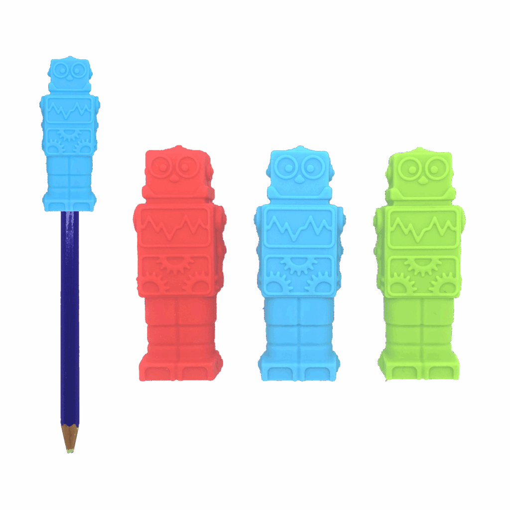 Robot pencil topper chews shown with a pencil
