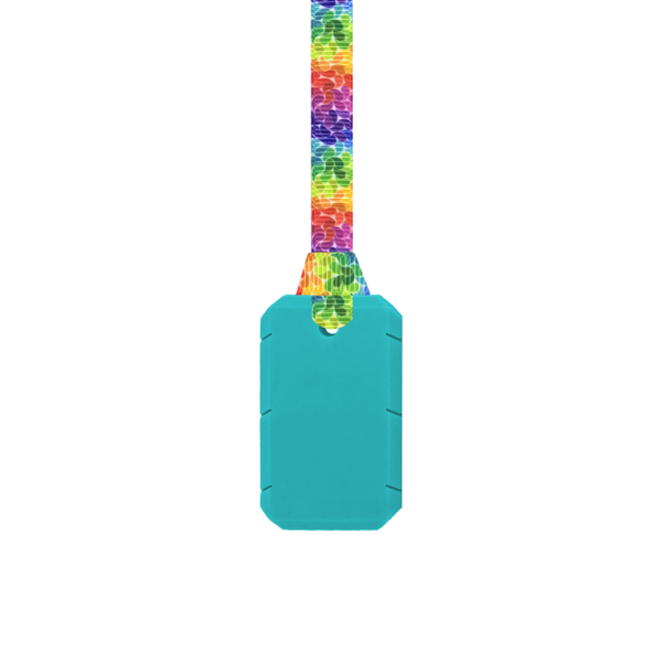 taggles chew necklace in turquoise with rainbow leaves lanyard