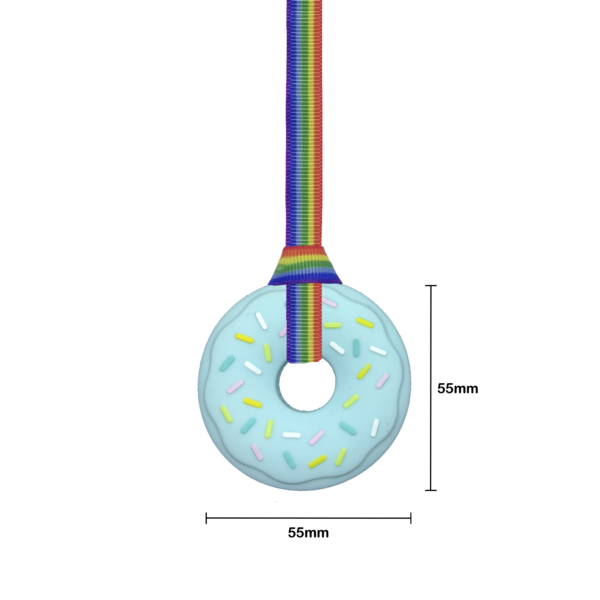 Blue chewable doughnut pendant with rainbow pride lanyard showing measurements