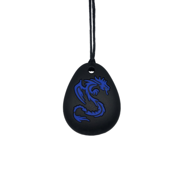 Black dragon kids chew necklace with blue dragon on plain black cord