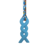 Blue squiggle chew necklace with rainbows lanyard